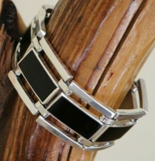 Vtg Alicia Of Taxco Mexico 950 Silver & Onyx Modern Panel Link Bracelet 75 Grams