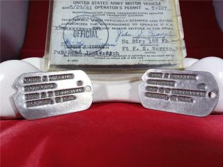 Wwii Us Army Military Notched Dog Tags & Military Motor Vehicle Permit Ww2