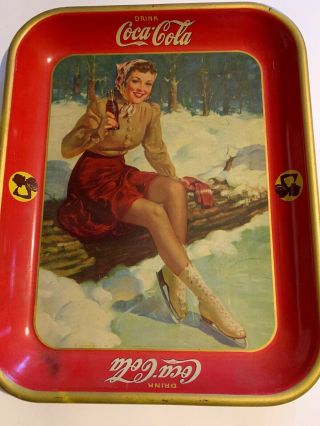 1941 Coca - Cola Ice Skating Girl Drinking Coke Metal Advertising Tray Nm