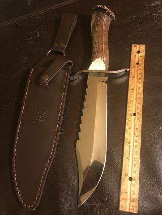 Vintage Hen And Rooster Stag Bowie Knife W/sheath Made In Spain
