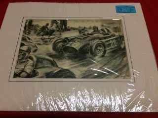 Stunning Vintage Motor Racing Drawing By Carlo Demand With Border.  One Of A Set.
