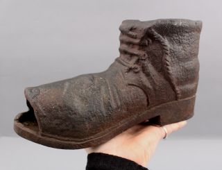 Rare Large Heavy Antique Cast Iron Boot Shoe & Hole Figural Doorstop