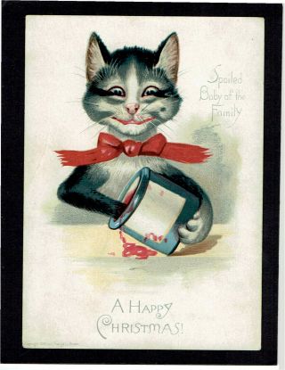 Prang Victorian Christmas Card Anthropomorphic Cat With Paw In A Jam Pot