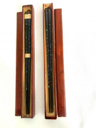 Vintage Black Lacquer & Abalone 9 1/4 " Chopsticks Each In Wooden Box