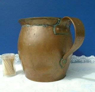 Antique Primitive Handmade 7 ¼ ” & 2 Lb 5 Oz Copper Pot Cauldron Arched Handle