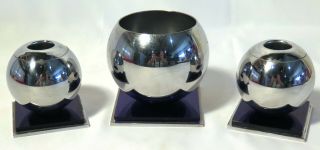 Chase Usa Round Ball Vase & Candleholders Chrome & Cobalt Blue Acrylic Art Deco