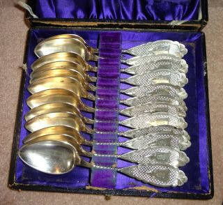 12 Coin Silver Soup Spoons - - - - Polack? Init - Box - Mid 1800 " S