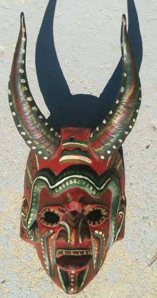 Vintage Mexican Folks Art Old Carved Wood Red Devil Diablo Mask With Ram Horns