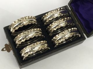Set Of 6 Victorian Solid Silver Napkin Rings,  Box - 1898