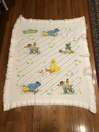 Vtg 1970 Sesame Street Big Bird Cookie Monster Cotton Thermal Baby Crib Blanket