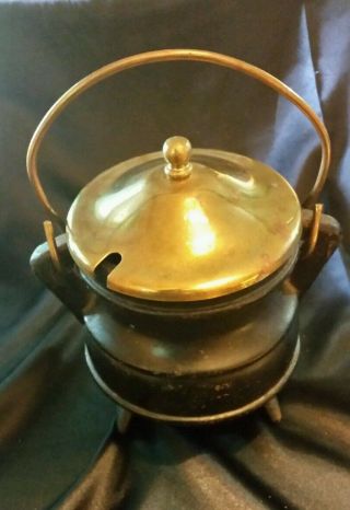 Vintage Cast Iron Mini Cauldron Pot With Bronze Lid & Handle Euc