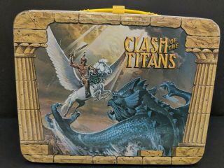 Vtg 1980 Clash Of The Titans Metal Tin Lunch Box Thermos Division Pegasus Kraken