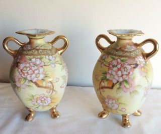 Vintage Noritake Porcelain Handpainted Roses Flowers &gold Matched Vases