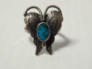 Fred Harvey Era Navajo Indian Sterling Silver Turquoise Ring Butterfly Blue Gem