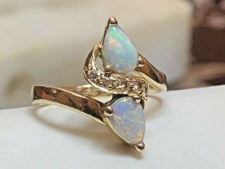 Vintage Estate 14k Gold Opal Natural Diamond Ring Bypass Shank Double Pear