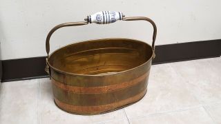 Large 15 " Vintage Brass Copper Pot Bucket Planter Porcelain Handle Holland Dutch
