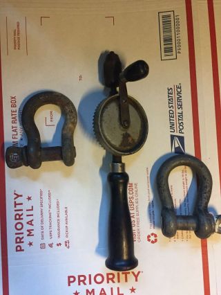 Two (2) Vintage 3 1/2 " 5/8 " Clevis With Removable Pins Plus Vintage Hand Drill
