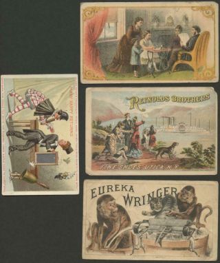 1800’s Seven Cards - Hartford Calendar,  Sewing,  Clowns,  Monkeys,  Ham People