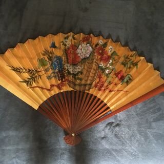 Oriental Chinese Asian Wall Fan Painted 50” X 30” Mahogany