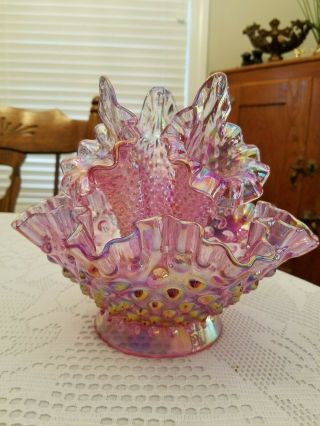 Vintage Fenton Art Glass,  Pink,  Iridescent,  Hobnail,  Carnival Glass,  8  Epergne