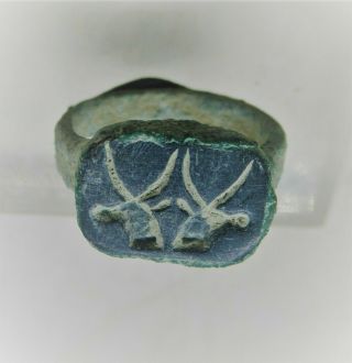 Ancient Roman Bronze Legionary Ring With Twin Bull Heads On Bezel