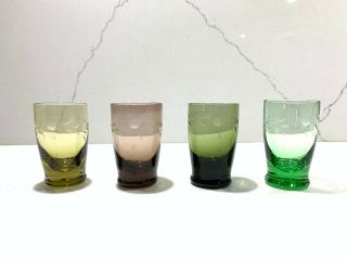 Set Of 4 Vintage Multicolor Etched Glass Liquor Shot Glasses Barware