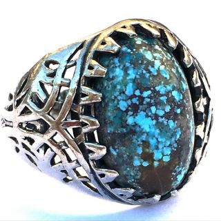 Antique 925 Sterling Silver Natural Nishapori Unheated Turquoise Ring نيشابوري