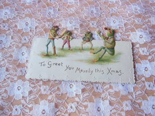 Victorian Christmas Card/cut - Out Anthropomorphic Frogs Playing Cricket/pun Verse