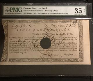 Connecticut,  Hartford Peter Colt Treasurer Continental Army Payment Pmg Vf35 Net