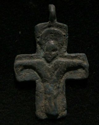 Medieval Bronze Religious Cross Pendant Saint Image 1200 Ad