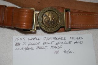 1947 World Jamboree Brass 2 Piece Belt Buckle & Leather Belt.  rare 2