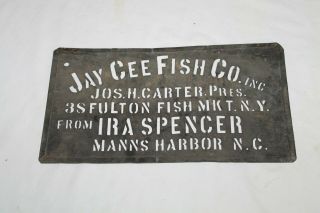 Antique Brass/copper Stencil Box Label Jay Cee Fish Co.  Inc