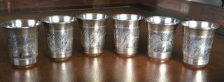 Rare Gorgeous Antique Imperial Russian Silver 84 Niello Vodka Cups Set Of 6