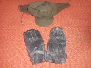 U.  S.  Army : Leather Gloves M - 1949 & Cap,  Field,  Pile No 7 1/4  Korea War  1951