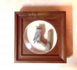 Vintage William Reinbolt Carved Great Horned Owl Mini In Convex Glass Diorama