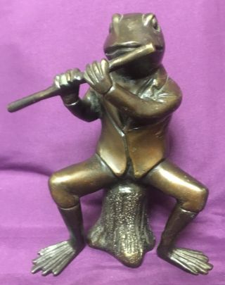 Maitland Smith ? Bronze Frog Playing Flute Sitting On Tree Stump Sculpture