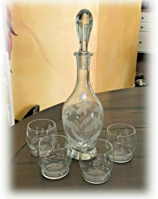 Vtg Romanian Small Floral Etched Crystal Decanter W 4 Glasses Made In Romania