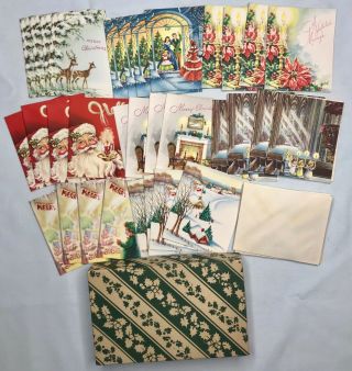 Box Of 32 Vintage Christmas Cards With Envelopes Santa Deer Candles Kids
