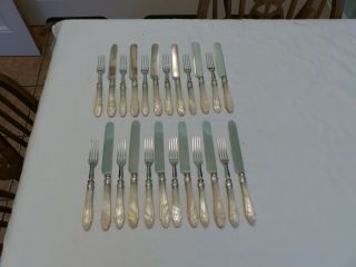 24 Victorian Silver Plate & Mother Of Pearl Dessert Cutlery Set.  Tulip Handles