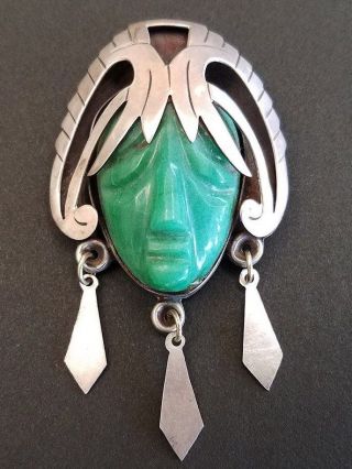 Vintage Taxco Sterling Silver Carved Green Onyx Mask Face Brooch Pin W/dangles