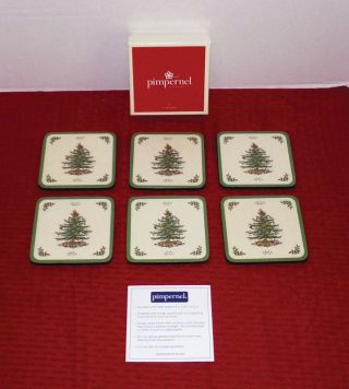 (6) Pimpernel England Spode Christmas Tree 4 1/8 " Square Coasters -