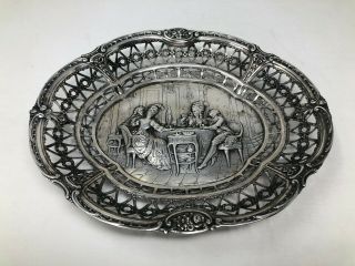Antique German 800 Silver Dining Scene Repousse Openwork Large Oval Dish 11 1/4 "