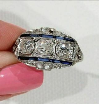 Vintage Art Deco Engagement Ring 2.  40 Ct Diamond & Sapphire 14k White Gold Over