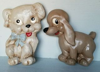 2 Vtg Miller? Chalkware Puppy Dog Wall Plaque Terrier Hound Doxie Nursery