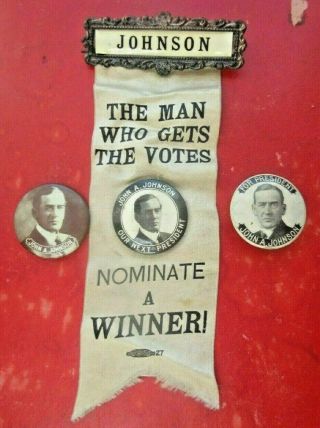 1908 Democratic Candidate John A.  Johnson Ribbon & Two Other Pins.  Mn Minnesota