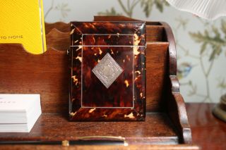A Fine C19th Card Case In Faux Tortoise Shell With Silver Mount Cartouche