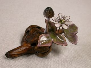 Vintage Norman Brumm Enamel On Copper Flowers Leaves Toadstool On Burl Wood Euc