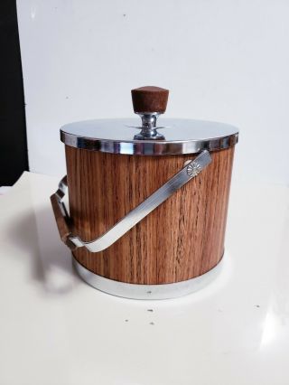 Vintage Faux Wood Grain & Chrome Kromex Cocktail Bar Ice Bucket Ca.  1960s