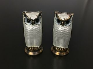 Vintage David Anderson Norway Sterling Silver Enamel Owl Salt Pepper Shakers Set