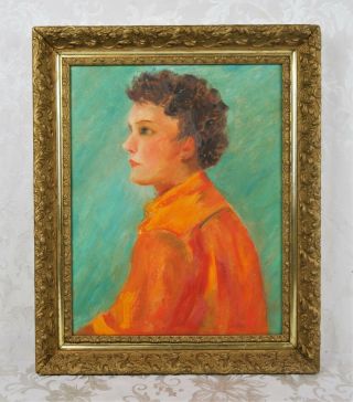 Vintage Mid Century Modern Art Portrait Oil Painting By Esther Heins